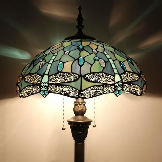 Tiffany Floor Lamp Sea Blue Stained Glass Dragonfly Style 16X16X70 Inch Antique Standing Reading Light