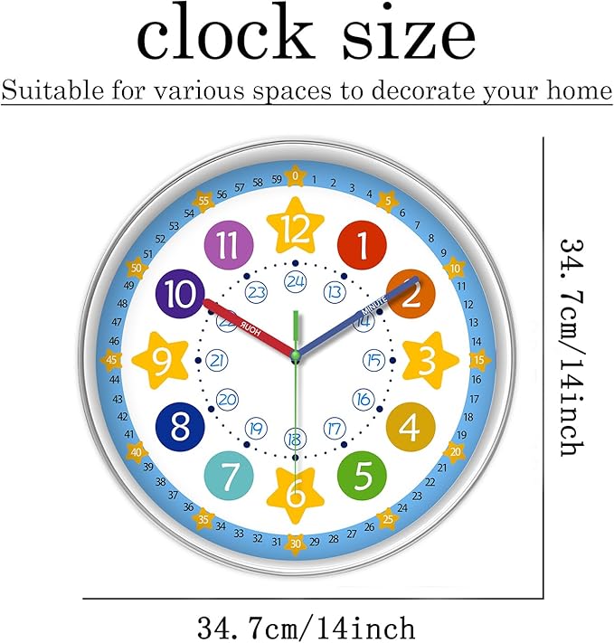 XFM Blue Kids Wall Clock 14 Inch Silent Non Ticking Quartz Battery Operated Decorative Time Teaching Clock for Children Bedroom Nursery Room Classroom