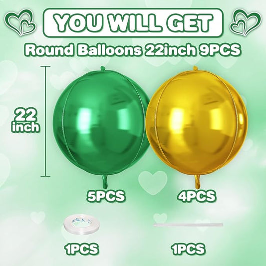 Green Gold Round Foil Balloons 9 pcs,Metallic Giant 4D Round Balloons 22 Inch for Christmas Birthday Party Bridal Shower Wedding Engagement Anniversary Prom Decorations