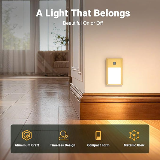Rechargeable Motion Sensor Night Lights, 8-Pack - Painted Gold Aluminum Alloy, Ultra-Compact Magnetic Mount, 3000K Warm White Glow, Ideal for Hallways, Bedrooms, Stairs & Nightly Use