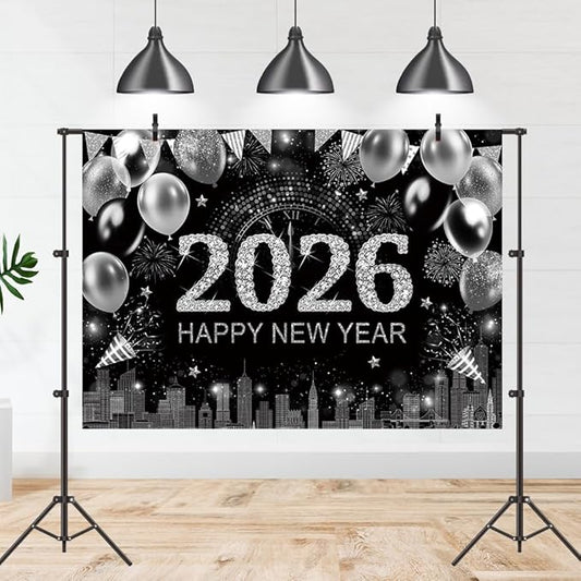 Silver 2026 Happy New Year Backdrop 7x5ft with Firework Balloon Decorations Photography Background New Year Eve Party Photo Studio Props