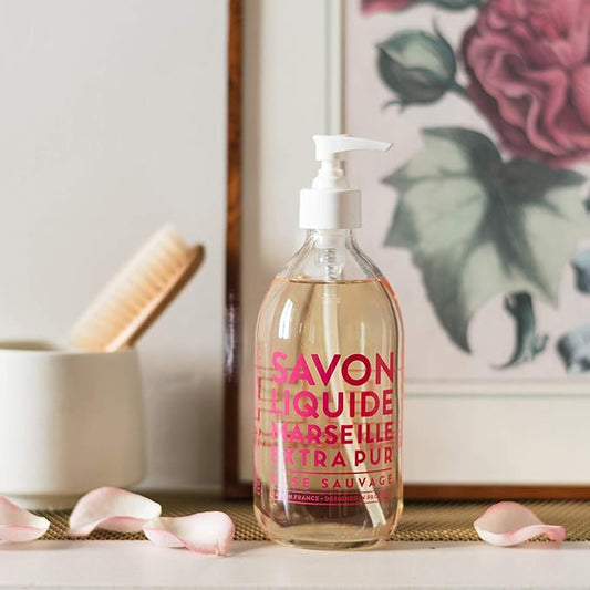 Compagnie de Provence Savon de Marseille Extra Pure Liquid Soap - Wild Rose - 16.7 Fl Oz Glass Pump Bottle and 33.8 fl oz Plastic Bottle Refill