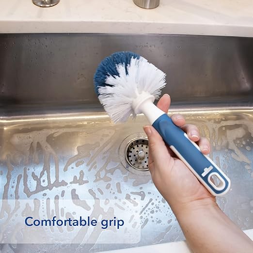 Unger Sink and Dish Scrub Brush, Kitchen Washing Scrubber for Hard-to-Reach Corners, Small Cleaning Supplies, Non-Scratch Bristles, Glassware, Pots, Pans, Tumblers, Drains, and Disposals