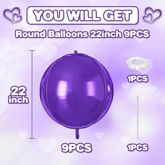 Purple Round Foil Balloons 9 pcs,Purple Giant 4D Round Balloons 22 Inch for Wedding Graduation Anniversary Baby Shower Birthday Party Decorations