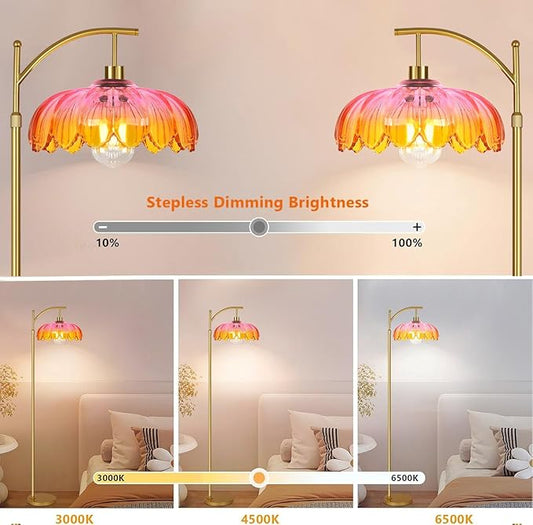 Floor Lamp for Living Room,Bedroom,Gold Dimmable Standing Lamp with Remote,Mid Century Modern Brass Tall Lamp Retro Vintage Glass Lamp Floor Light Boho Bohemian