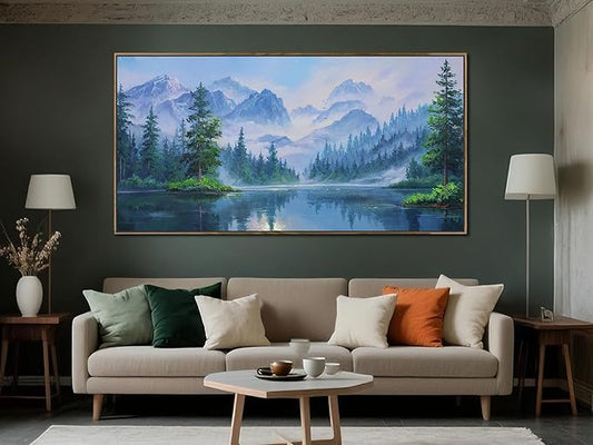 Ardemy Lake Canvas Wall Art for Living Room Large Framed Teal Landscape Pictures Bedroom Wall Decor Textured Misty Forest Scenery Paintings Artwork for Walls Home Office, 58"x29"