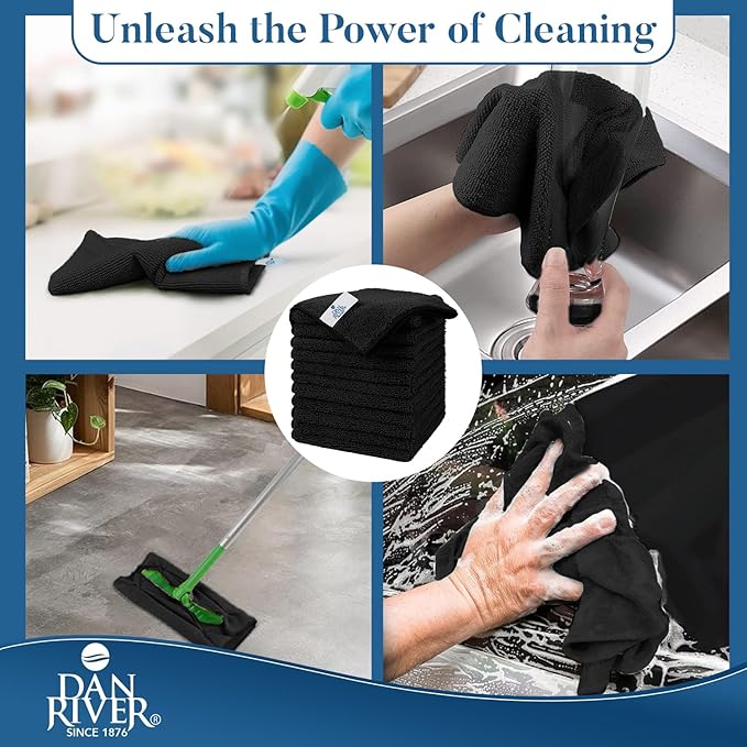 DAN RIVER 12-Pack Black Microfiber Towels โ Ultra Absorbent, Lint-Free & Streak-Free Cleaning Rags for Home, Car & Kitchen - Must-Have Cleaning Essentials - 12" x 12"