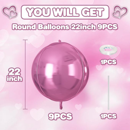 Pink Round Foil Balloons 9 pcs,Pink Giant 4D Round Balloons 22 Inch for Wedding Anniversary Valentine's Birthday Party Decorations