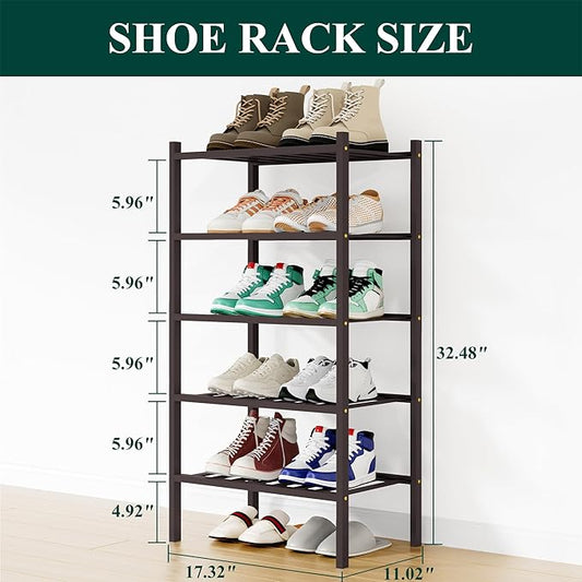 Smiry Shoe Rack, 5 Tier Small Bamboo Shoe Organizer, Stackable Free Standing Wooden Shoe Storage Shelf for Closet, Entryway, Front Door Entrance, Brown