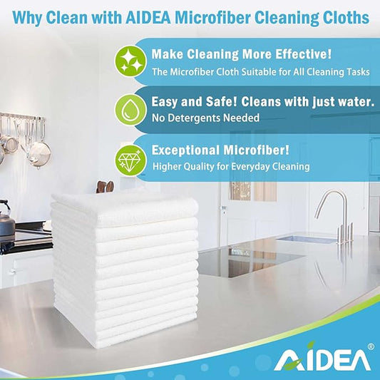AIDEA Microfiber Cleaning Cloth White 50PK, Cleaning Rags, Lint Free Microfiber Towels, Kitchen Towels Dusting Cloth, Wash Cloths, Dish Rags White, 11.5"x 11.5"