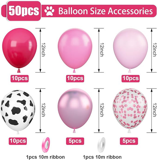 Pink Cow Balloons, 12Inch 50pcs Hot Pink Cow Balloons with Confetti Balloon for Girl Bithday Baby Shower Party Farm Animal Themed Party Decor