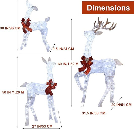 Lulu Home Christmas Yard Decoration, Set of 3 Pre-lit White Reindeer with 265 LEDs White Lights, 3D Light Up Glittered Standing Reindeer Family for Xmas Lighted Holiday Display Indoor Outdoor