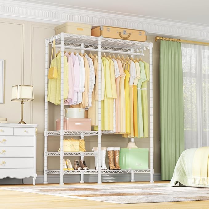 Ulif F4 Heavy Duty Clothes Rack (With Hanger Rod) Freestanding Clothing Racks for Hanging Clothes,Adjustable Closet Organizer System, Portable Garment Rack 45"W x 15.8"D x 71.3"H,Max Load 600LBS,White