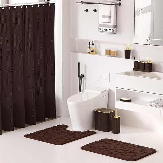 Bathroom Accessories Set - 25PC Brown Bathroom Sets with Shower Curtain and Rugs, Bathroom Accessory Set, Brown Shower Curtain Set, Trash Can, Qtip Holder Dispenser & Soap Dispenser