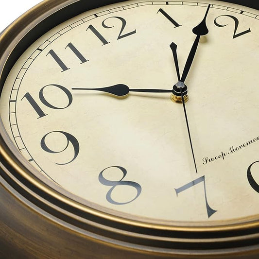 Plumeet Small Metal Wall Clock, 10'' Non Ticking Classic Silent Iron Wall Clocks Decorative Kitchen Living Room Bedroom, Arabic Numerals, Battery Operated (10'', Brown)