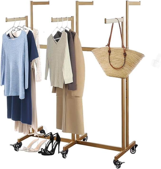 Metal Clothing Rack, 6 Arms Clothes Display Racks with Wheels, Adjustable Floor Standing Garment Rack From 46.85" to 64", Portable Retail Display Stand for Boutique Stores (Gold, 6 Arm/45.66in)