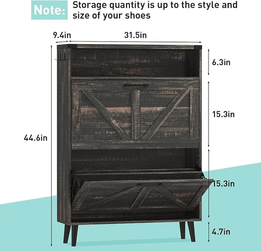 Vabches Shoe Storage Cabinet with 2 Flip Drawers,Freestanding Narrow Shoe Organizer with Open Storage,Hidden Slim Shoe Rack Cabinet for Entryway,Hallway,Dark Rustic Oak