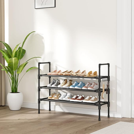 3 Tier Shoe Rack, Shoe Organizer Storage for 16-20 Pair Boot and Sneaker, Stackable Free Standing Shoe Shelf with Hooks and Side Pocket, Space Saving Shoes Rack for Closet, Entryway