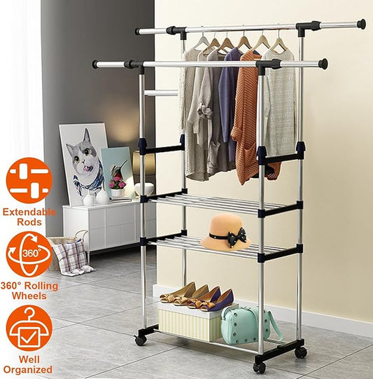 Double Rods Clothes Rack, Rolling Clothing Rack for Hanging Clothes, Portable Wardrobe Rack Max Load 77LBS, Sturdy Metal Garment Rack Coat Rack for Bedroom Laundry Living Room, Silver