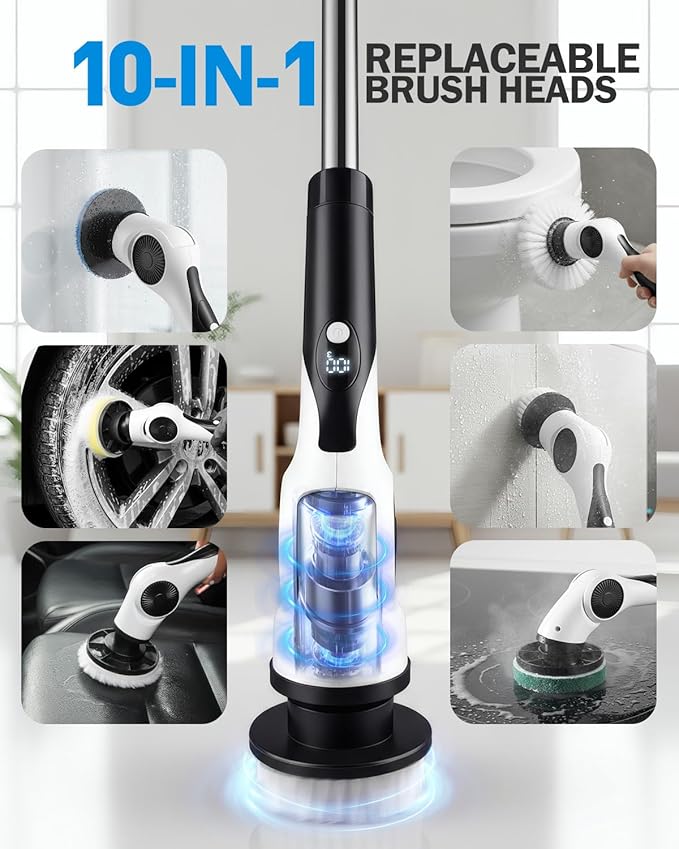 Electric Spin Scrubber, 3-Speed Cordless Shower Scrubber with 90° Adjustable & 10 Replaceable Brush Heads, 90 Mins Runtime & Full-Body IPX7 Waterproof Shower Cleaner Brush with Long Handle