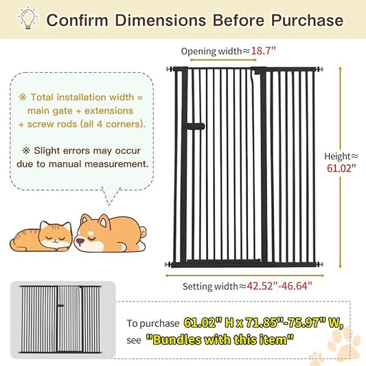 Lumizone Extra Tall Cat Gate 61.02" High Pressure Mounted Extra Wide 2025 New (17 Sizes) 1.37" Gap No Drilling Auto-Close One-Handed Operation Tall Pet Gate for Dogs(Black, 61.02" H x 42.52"-46.64" W)