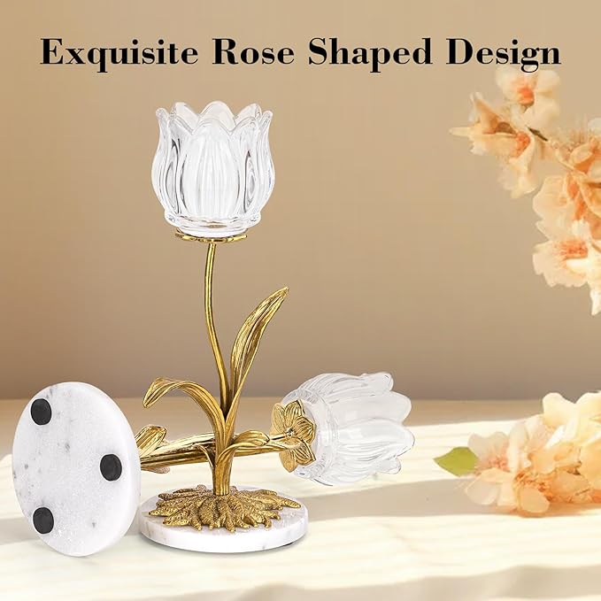 Candle Holder, Cut Rose Shaped Brass Candle Holder High-end Light Luxury Creative Art Crystal Glass Flower Candle Sticks Holder Decor Marble Disc Base Romantic Ambiance Table Decoration