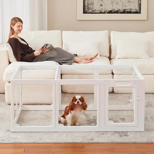 Acrylic Dog Playpen Indoor, Clear Dog Play Pen for Puppies and Small Dogs, Easy Assembly & Clean Puppy Pen (23.6", 12 Panels, White)