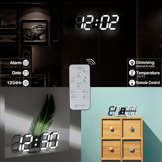 KOSUMOSU Digital Clock 3D LED Wall Clock for Living Room Decor 9.7" Alarm Clocks Black Clock Wall Decor Digital Wall Clock,Remote Control/Dimmer/Date/Temperature
