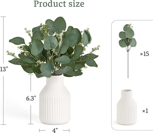 Dahey Artificial Eucalyptus Stems in White Ceramic Vase Centerpiece Table Decorations Modern Farmhouse Decor Fake Plants with Vase for Bathroom Kitchen Shelf Living Room Greenery Decor, 4 inches