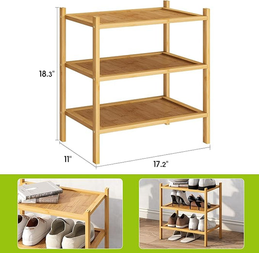 BMOSU 3-Tier Bamboo Small Shoe Rack Premium Stackable Shoe Shelf Storage Organizer for Hallway Closet Living Room Entryway Organizer(Natural)