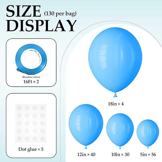 130PCS Light Blue Balloons, Latex Balloon Different Sizes 18/12/10/5 Inch, Helium Balloons with Ribbon, Party Balloon Set for Birthday Wedding Graduation Anniversary Baby Shower Decoration