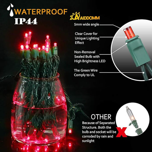 LED Christmas Lights 50 Counts, LED Christmas Light Seamless for Outdoor and Indoor, Commercial Lighting Grade, Red Light, Green Wire, 25 Feet, UL Listed