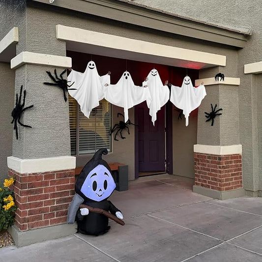 4PCS Hanging Ghosts Halloween Decorations with Skeleton Hands, Spooky Expression for Front Porch and Tree