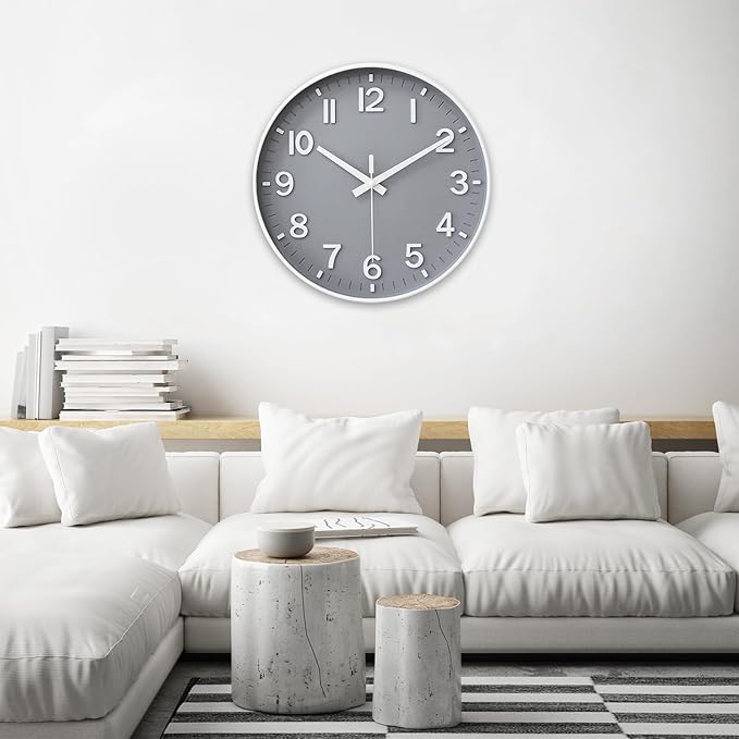 HZDHCLH Wall Clocks Battery Operated,Wall Clock Gray,8 inch Wall Clock Silent Non Ticking Modern 3D Numbers for Kitchen Bedroom Living Room Office Classroom Decor