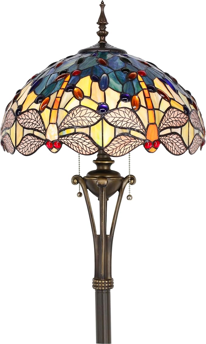 Tiffany Floor Lamp Blue Yellow Stained Glass Dragonfly Standing Reading Light 16X16X70 Inches Antique Pole Corner Lamp Decor Bedroom Office Living Room