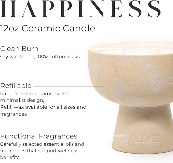 Blueme Happiness Candle | Yuzu & Ginger | 3 Wick - Refillable Wellness Candle with Essential Oils, Hand Finished & Poured Soy Wax Blend Ceramic Vessel, Natural Cotton Wicks | Medium 12 oz