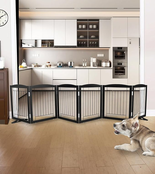 ZJSF Freestanding Dog Fence Indoor, Foldable Dog Gate for Doorways, Stairs or Hallways, Sturdy Wood Extra Wide Pet Gate with Support Feet for The House, Black, 24 "Height-6 Panels