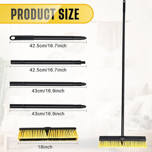 Zhehao 10 Pack 18 Inches Push Broom Outdoor, Multi Surface Garden Brush Broom with Adjustable 63" Long Handle for Deck, Driveway, Patio, Warehouse, Garage, Yard, Concrete Floor Cleaning (Yellow)