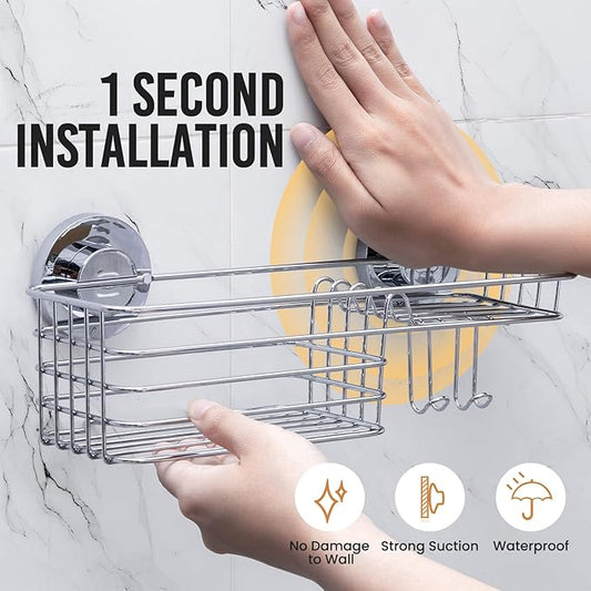 LEVERLOC Shower Caddy Suction Cup, Organizer with Hooks & Soap holder for Inside Shower, Removable Bathroom Shelf