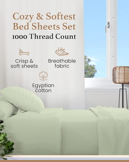 1000 Thread Count Egyptian Cotton Sheets King Size, 4 Pc Luxury Sheets Set, Long Staple 100% Cotton Sheets for King Size Bed, 16" Deep Pocket Hotel Style Sheets, Sateen Sheets King, Sage