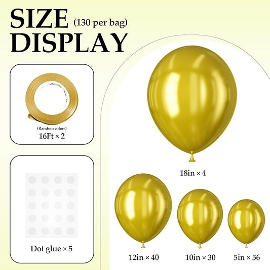 130PCS Metallic Gold Balloons, Latex Balloon Different Sizes 18/12/10/5 Inch, Helium Balloons with Ribbon, Party Balloon for Birthday Wedding Graduation Anniversary Baby Shower Decoration