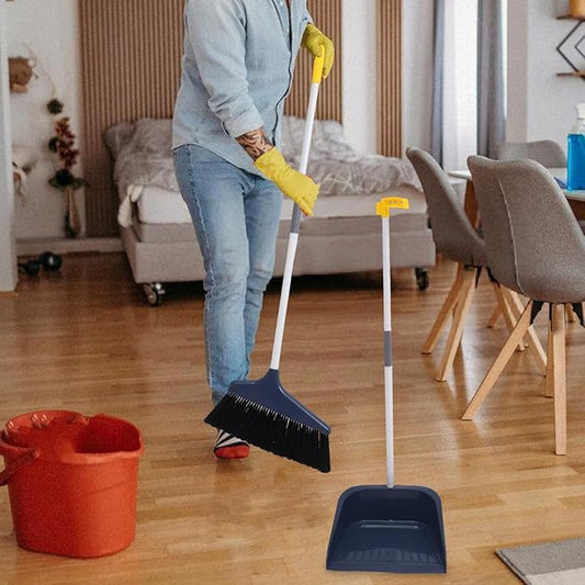 Broom and Dustpan Set Heavy Duty with Long Handle, Soft Bristle Broom and Large Dustpan for Home Cleaning, Pet Hair Removal, Indoor Floor Sweeping, White