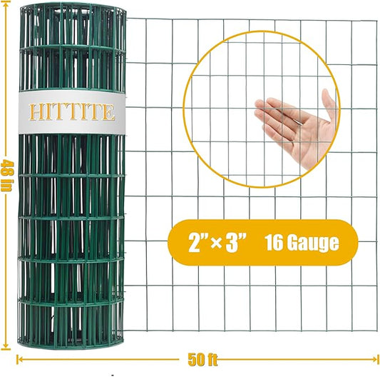 Green PVC Coated Welded Wire Fencing, 48in High x 50ft Long, 2 inch x 3 inch 16GA 2/3/4/5/6 Ft Tall Welded Wire Fence Rolls, Green Metal Garden Fence Wire Roll Garden Fencing for Yard
