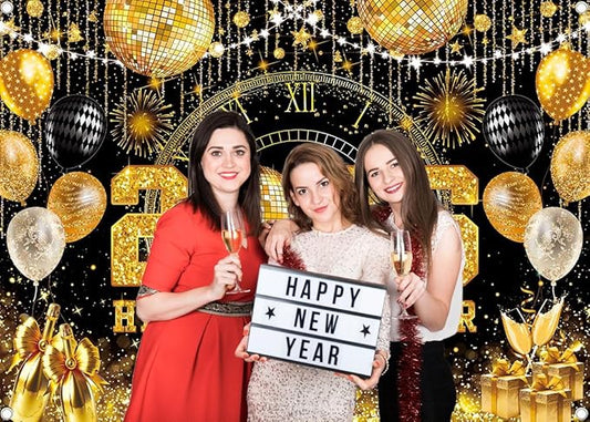 Happy New Year 2026 Black Gold Backdrop 2026 New Year Eve Countdown Photo Background Cheer to 2026 Party Decoration Banner Photo Supplies (Gold, 120x96inch (10x8FT))