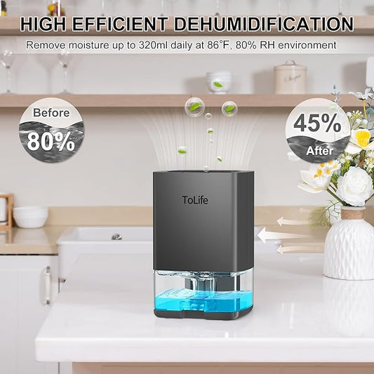 ToLife Dehumidifiers for Home 30 OZ Water Tank with Auto-Off 500 sq.ft Portable Small Dehumidifier for Bathroom Bedroom RV Closet Room 7 Colors LED Light, Gray