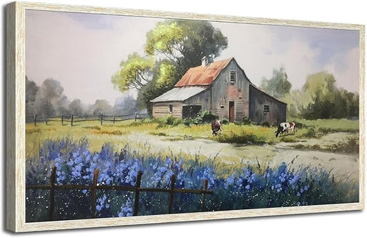 Ardemy Farmhouse Canvas Wall Art Large Framed Vintage Farm Cow Pictures Wall Decor Living Room Village Nature Painting Artwork Wall Art Bedroom Dining Room Home Office, 48"x24"