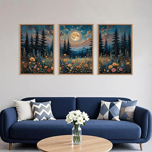 Large Nature Moon Wildflowers Framed Canvas Wall Art,Vintage Forest Flowers Wall Decor,Dark Mountain Night Wall Painting,Wilderness Artwork for Living Room,Bedroom,Dining Room,Office -16"x24"x3