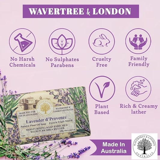 Wavertree & London Lavender Scented Natural Soap Bars (Pack of 2), 7oz Moisturizing French Triple Milled Soap Bars enriched with shea butter - Pure Plant Oil Bath & Body Bar for All Skin Types