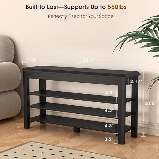 Shoe Rack Bench Seat Rubberwood 3-Tier Wooden Storage Bench 550lbs Compact Mid-Century Modern Design for Entryway, Hallway, Closet, Front Door Entrance, Foyer