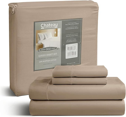 CHATEAU HOME COLLECTION King Sheet Set, 100% Cotton Bed Sheets King Size Sheets Deep Pocket Set, 800 Thread Count Sateen Weave 4 Piece Luxury Bedding, Soft & Breathable No Pill Fade Resistant- Taupe